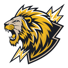 A fierce roaring lion, rendered in a bold varsity jacket style, with electric blue bolts crackling around it.