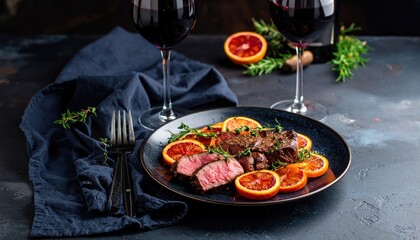 Delicious grilled steak with blood orange slices cozy dining room culinary photography gourmet experience close-up view