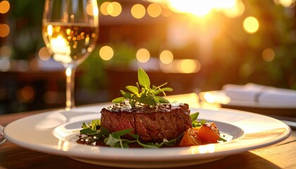 Gourmet dinner experience outdoor restaurant fine dining sunset ambiance close-up view culinary delight