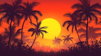 Naklejka premium Silhouette palm trees at sunset.