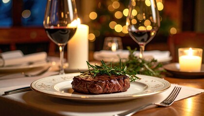 Elegant dinner event restaurant gourmet steak dish cozy atmosphere close-up view culinary experience