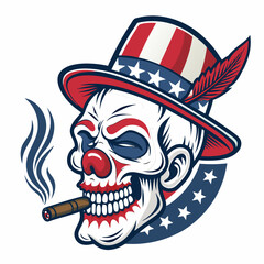 A melancholic clown skull, adorned with a carnival badge, smoking a cigar; detailed, dark, dramatic lighting.