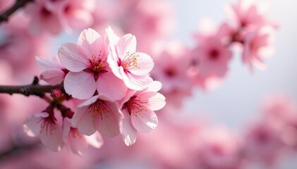 Obraz premium Delicate pink sakura blossoms, full bloom, soft focus, floral, sakura, flora