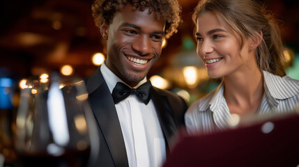 Couple enjoying wine tasting while dining at a romantic restaurant