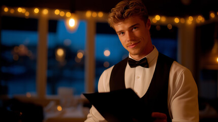 A waiter serving under warm overhead lights