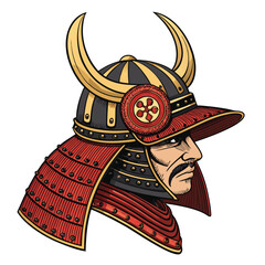 A meticulously detailed illustration of a traditional Japanese samurai helmet (kabuto), showcasing intricate gold and black lacquerwork,  with ornate crests and menacing features.