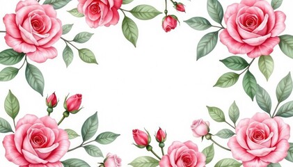 Naklejka premium Delicate watercolor roses, leaves & buds Seamless repeat , nature, pretty