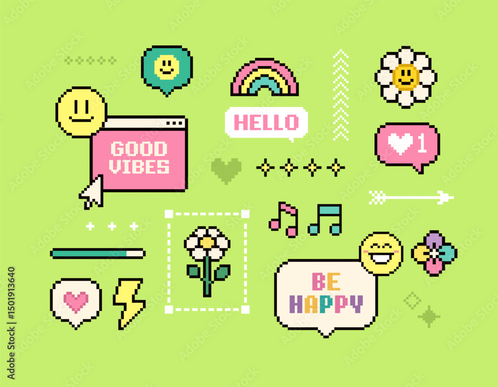 Poster 8-bit retro game motivation background of Good Vibes 90's aesthetics. Pixel game elements and stickers. Y2k Simple geometric forms. Playful PC Pixel Icons colorful pack