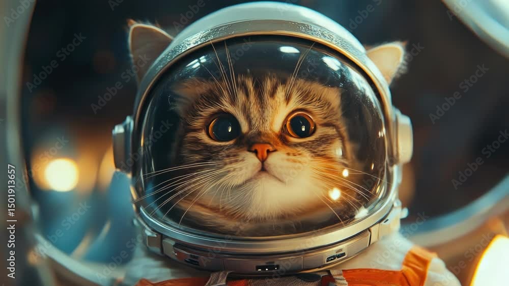 Poster a close-up shot of a cat wearing a space suit, looking curious and adventurous