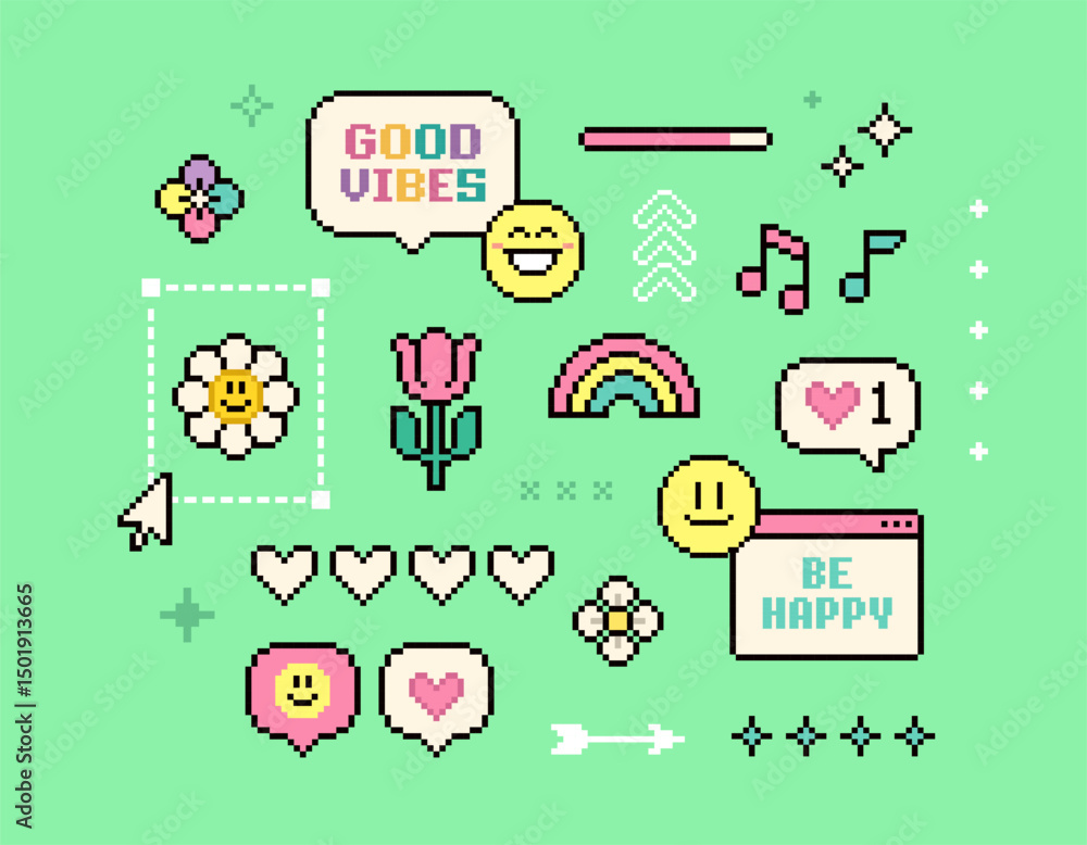 Poster 8-bit retro game motivation background of Good Vibes 90's aesthetics. Pixel game elements and stickers. Y2k Simple geometric forms. Playful PC Pixel Icons colorful pack