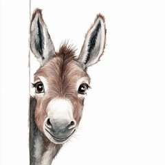 Whimsical funny portrait of a donkey, mule peeking from the Corner isolated 