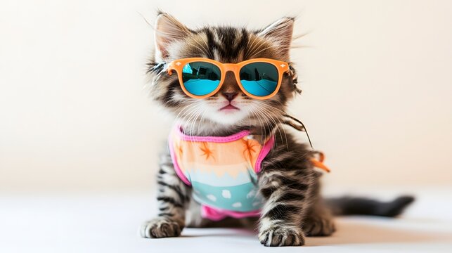 Isolated on background, collection of cute kitten with sunglasses and summer costume, looking at camera