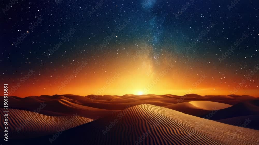 Poster a serene desert landscape with the sun setting in the distance, perfect for use in travel or nature-