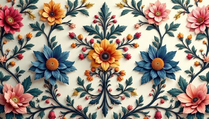 Elegant floral damask pattern, intricate vines & blossoms, antique, leaf