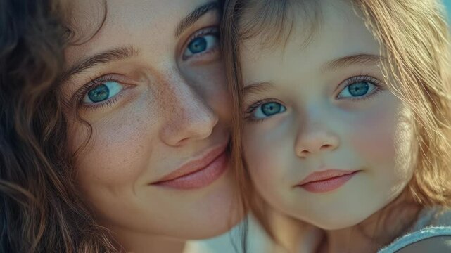 A young girl and her mother standing side by side, smiling for the camera