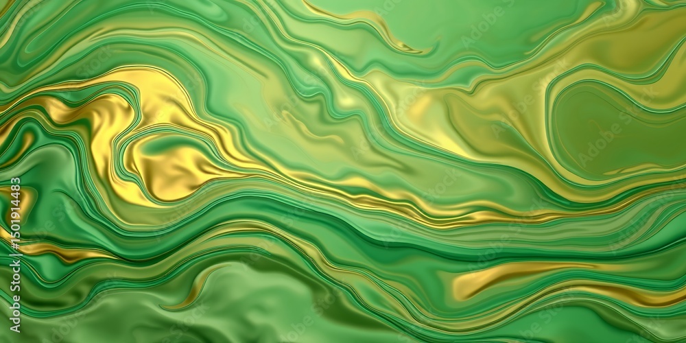 Poster a swirling abstract background with shades of green and gold creating a fluid texture effect