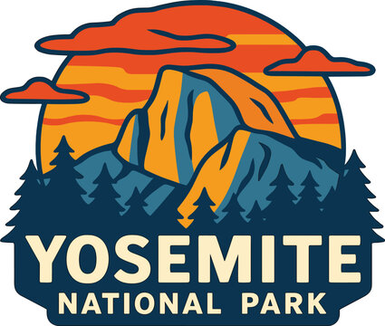 Yosemite National Park is depicted in a vector graphic featuring Half Dome, trees, and a vibrant sky, ideal for outdoor, travel, and nature-inspired designs, t-shirts, and merchandise