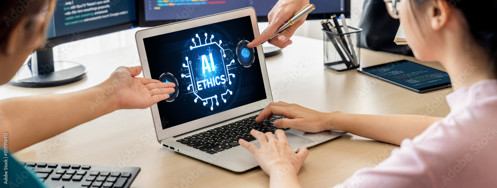 Poster ai ethics responsibility standard law and rules on computer screen provide report of ai ethic transp
