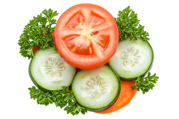 Vibrant veggie medley A tomato slice tops cucumbers carrot  parsley against a white background