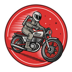 A retro-styled astronaut riding a motorcycle through the vast expanse of space, stars and planets visible.  The scene is vibrant and detailed.