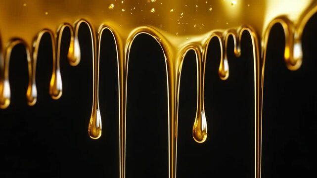 Glowing honey dripping from combs of bee hive, close-up view with focus on yellow liquid and droplets