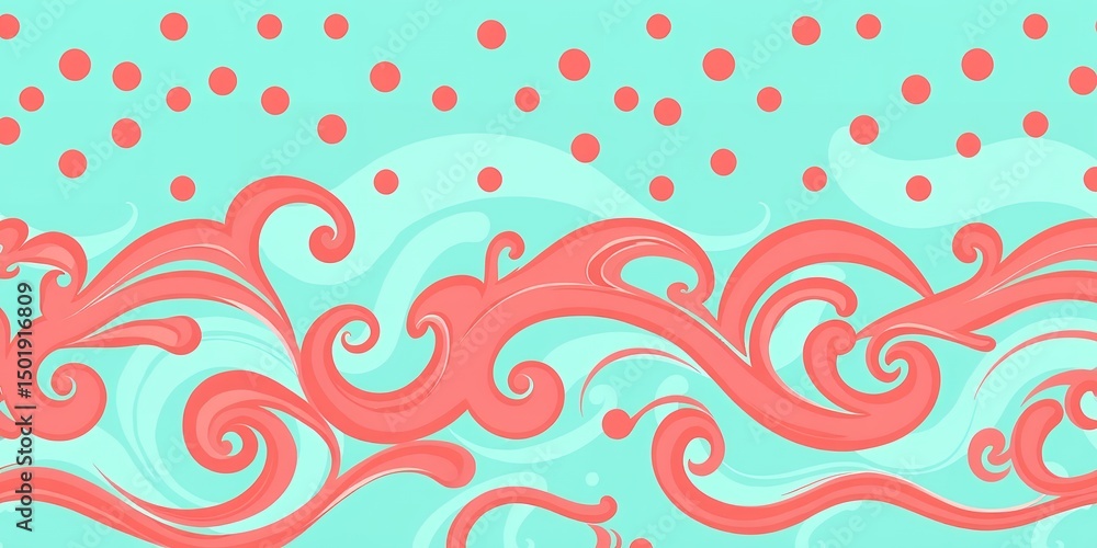 Poster an abstract design with coral swirls and dots on a light blue background with wave patterns