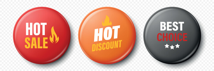 Vector 3d Realistic Round Sale Badge Vector Set. Realistic Hot Sale, Hot Discount, Best Choice Badge. Design Template for Promotion, Ecommerce, Online Shop, Offer, Web Banner, Label, Advertising