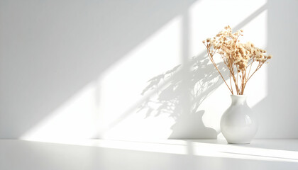 Dried Flowers in White Vase with Sunlight and Shadows