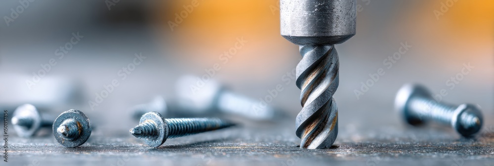 Aufkleber drill and screws positioned on steel sheet with a soft and blurred background showing a workspace se