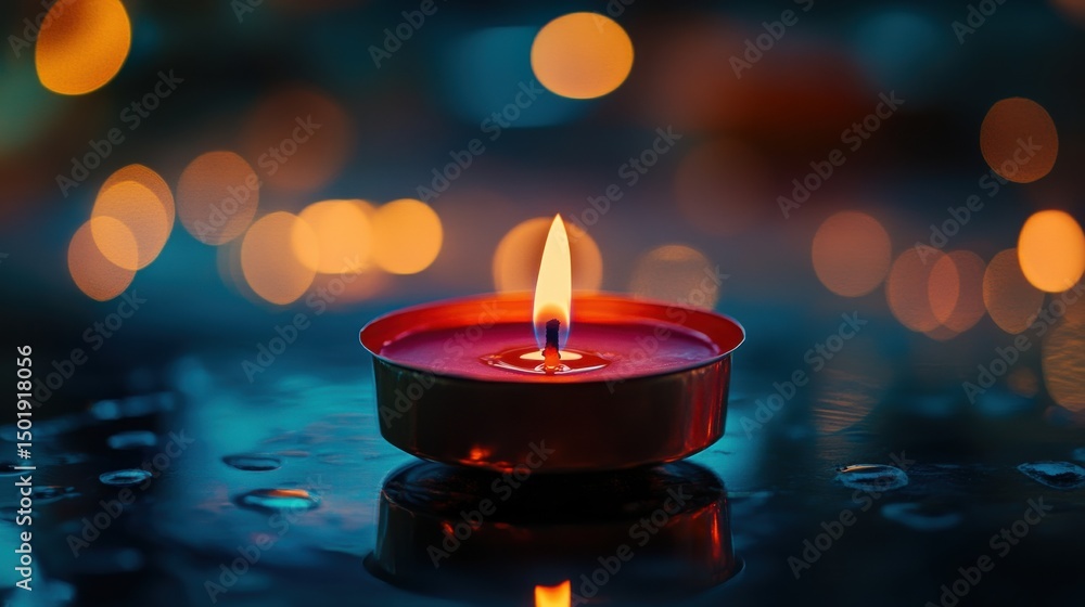 Poster tranquil candle flame glowing in dark with soft bokeh background