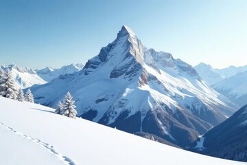 Snow covered mountain peak, pristine white landscape, alpine, sky