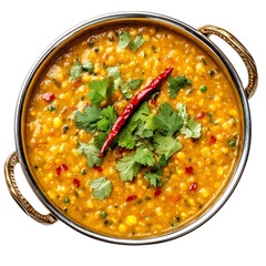 Dal tadka isolated on white background, garnished with cilantro and chili