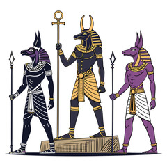 A majestic crest depicting Osiris, Isis, and Horus, three Egyptian deities, in a stylized art deco throne design.