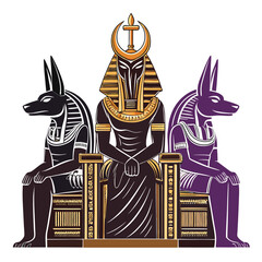 Design a majestic throne crest featuring Osiris, Isis, and Horus, depicted in stylized ancient Egyptian art, incorporating hieroglyphs and symbolic elements.