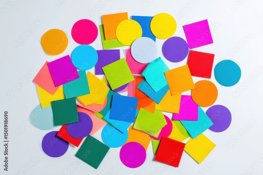Poster scattered colorful sticker set featuring various shapes on a clean white background, creating a vibr
