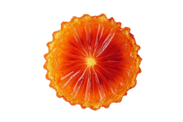 A blood orange slice glows revealing its vibrant red segments against a dark void