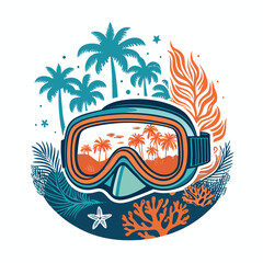 Obraz premium Design a vibrant emblem for a tropical diving trip, featuring a snorkel mask and aquatic life. Include a sense of adventure and underwater exploration.
