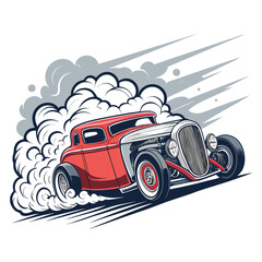 Design a vintage hot rod emblem featuring a stylized flame or smoke trail, incorporating classic car elements.  Include a retro font and color palette.