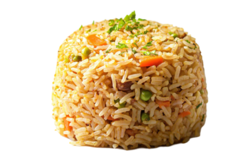 Tower of fried rice delight topped with greens showcasing carrot and pea gems against a dark void