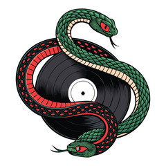 Obraz premium A vibrant green two-headed snake intricately coiled around a vintage green vinyl record, creating a surreal and striking image.