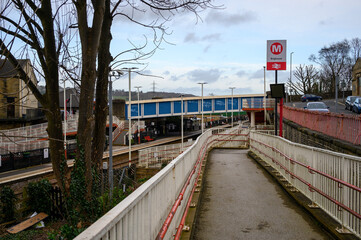 Pedestrian Ramp Leading to Brighouse Train Station Platforms in West Yorkshire, England.