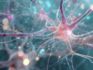 Close up view of branching neurons with glowing particles in a teal and pink color scheme