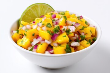 Freshly prepared mango salsa featuring mango, lime juice, chili, tomato, garlic, red onion, mint, and cilantro