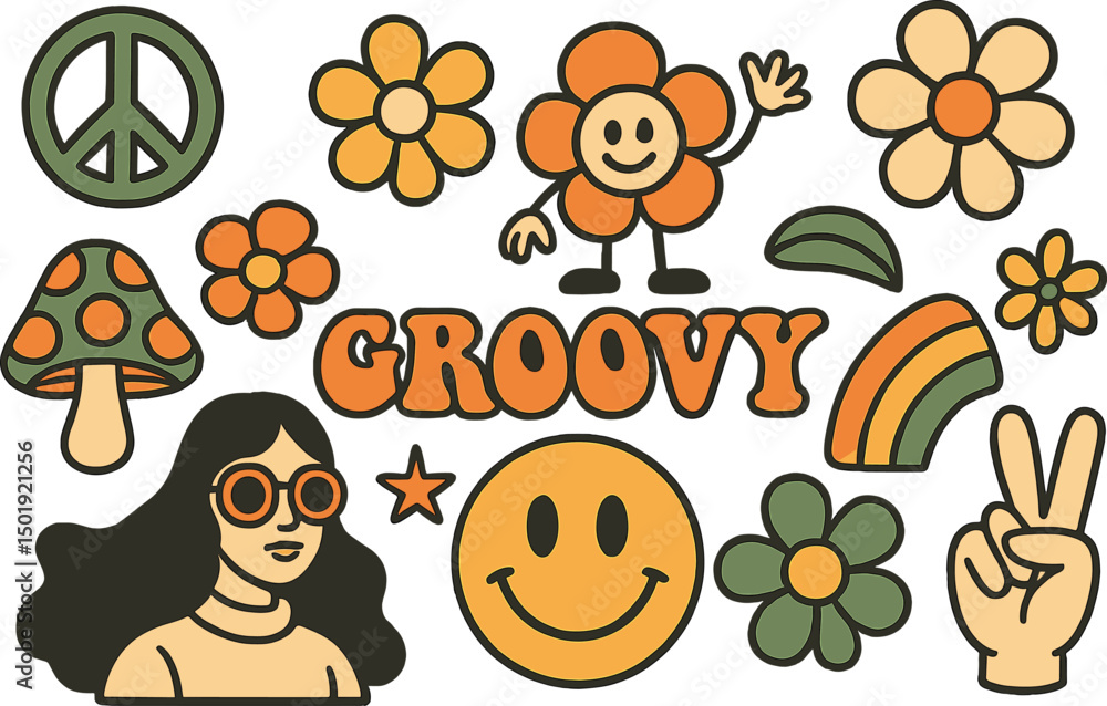 Poster a sticker pack with a retro trendy theme, complete with groovy text slogans and a collection of vint