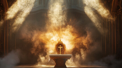 Fototapeta premium Hyper-detailed incense smoke rising around the Blessed Sacrament 