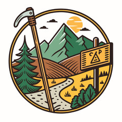 Design a vintage-style hiking club badge featuring a walking stick, mountains, and a motto.  Include intricate details and a classic color palette.