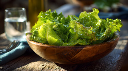 Close up shot of fresh green lettuce in a wooden bowl with water glass on a rustic wooden table
