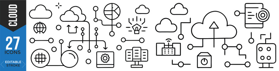 Vector Thin Line Icons – Cloud Computing, Data, Technology & Infrastructure (Editable Stroke)

