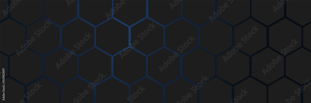 Poster dark technology hexagonal vector background. abstract blue bright energy flashes under hexagon in da