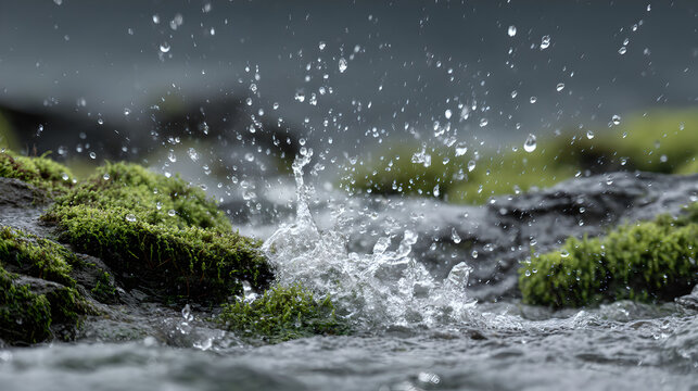 Close up of water droplets splashing on moss covered rocks in a natural outdoor environment